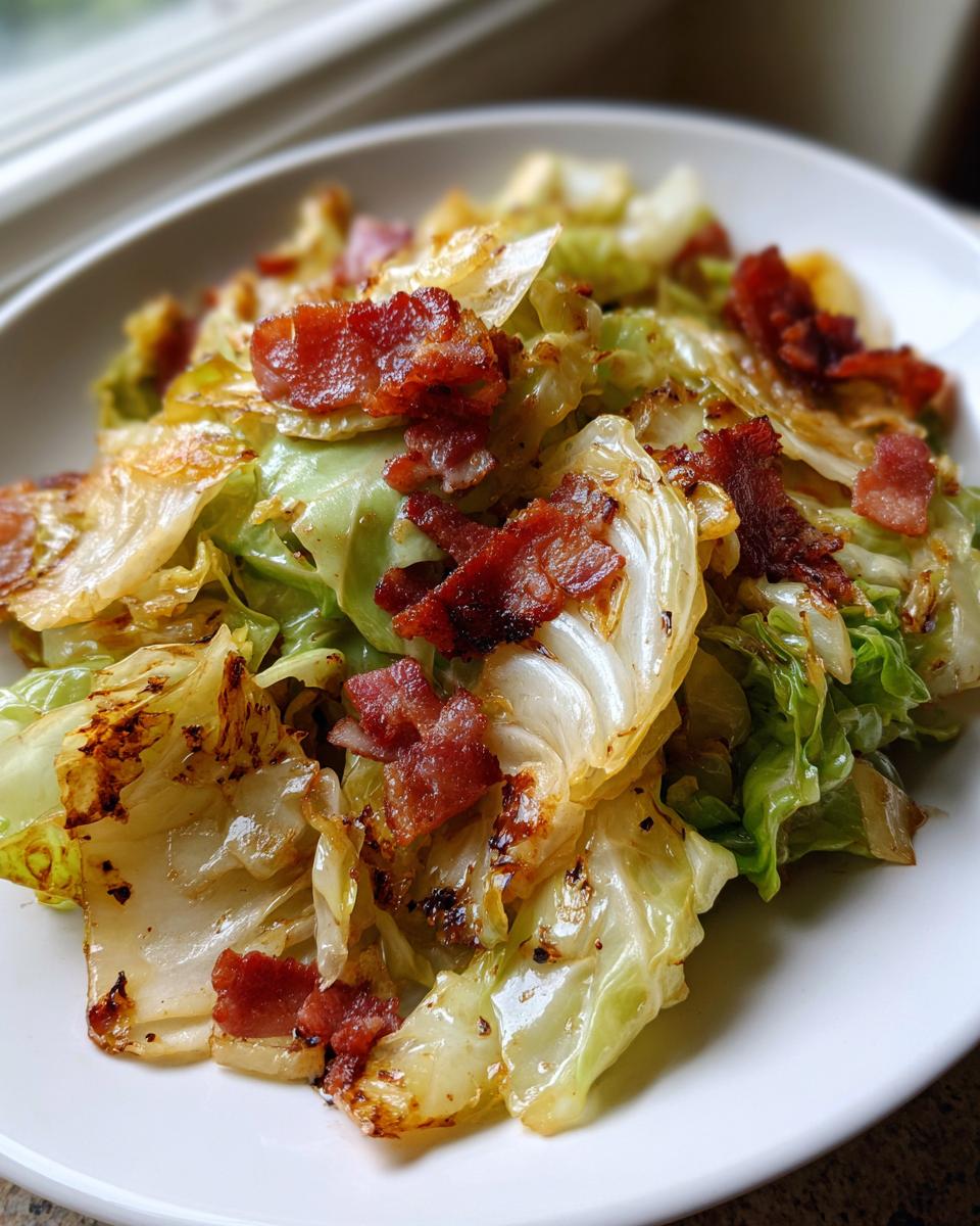 Close-up of sautéed cabbage pieces topped with crispy bacon bits, a delicious cabbage recipe.