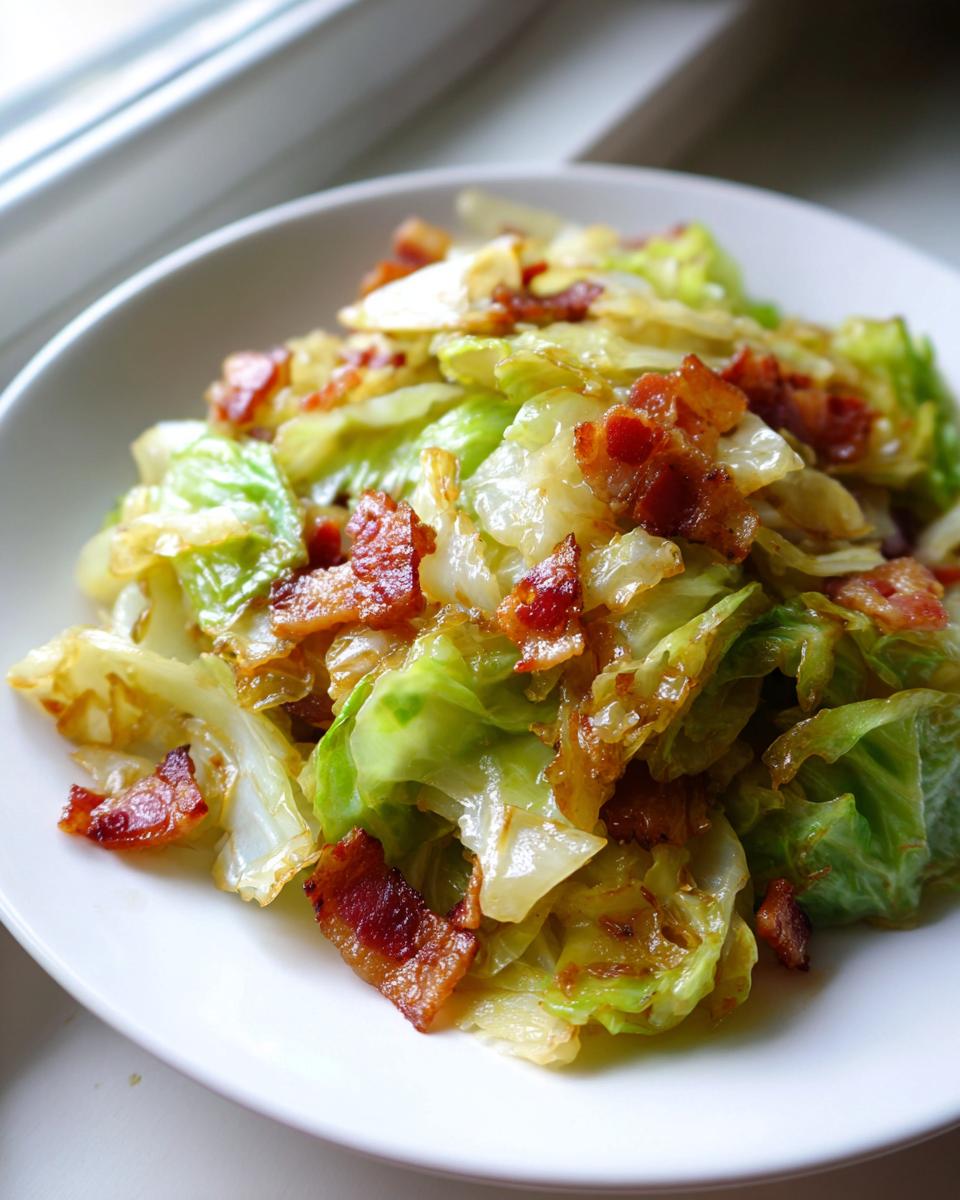 Close-up of sautéed cabbage with crispy bacon pieces served on a white plate.