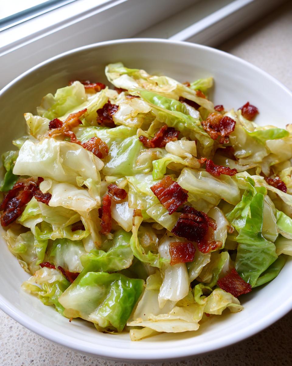 Close-up of sautéed green and white cabbage mixed with crispy bacon pieces, a perfect cabbage recipe side dish.
