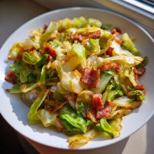 A white plate filled with stir-fried cabbage and crispy bacon pieces, showcasing a delicious cabbage recipe.