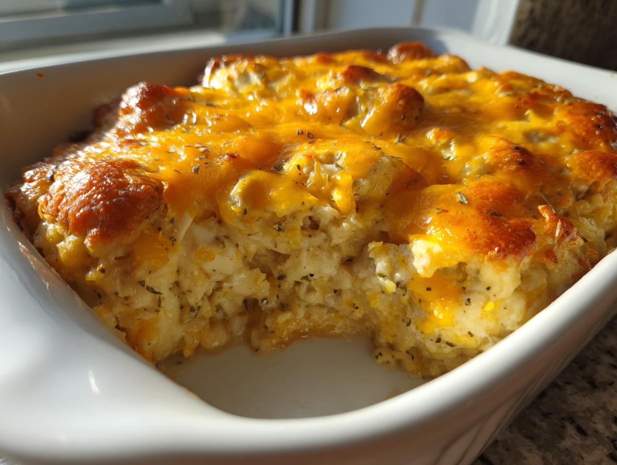 Close-up of a baked chicken cauliflower rice casserole topped with bubbly, melted cheddar cheese in a white dish.