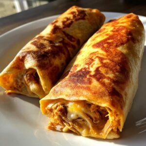 Two golden-brown Baked Chicken Chimichangas resting on a white plate, showing melted cheese and shredded chicken filling.