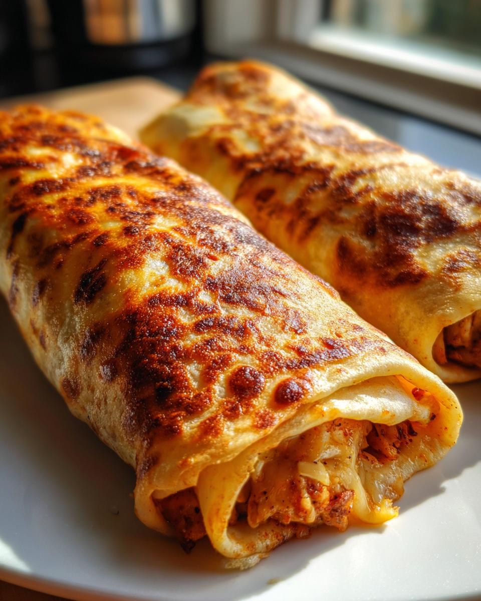 Two golden brown Baked Chicken Chimichangas with crispy, browned tops resting on a white plate.