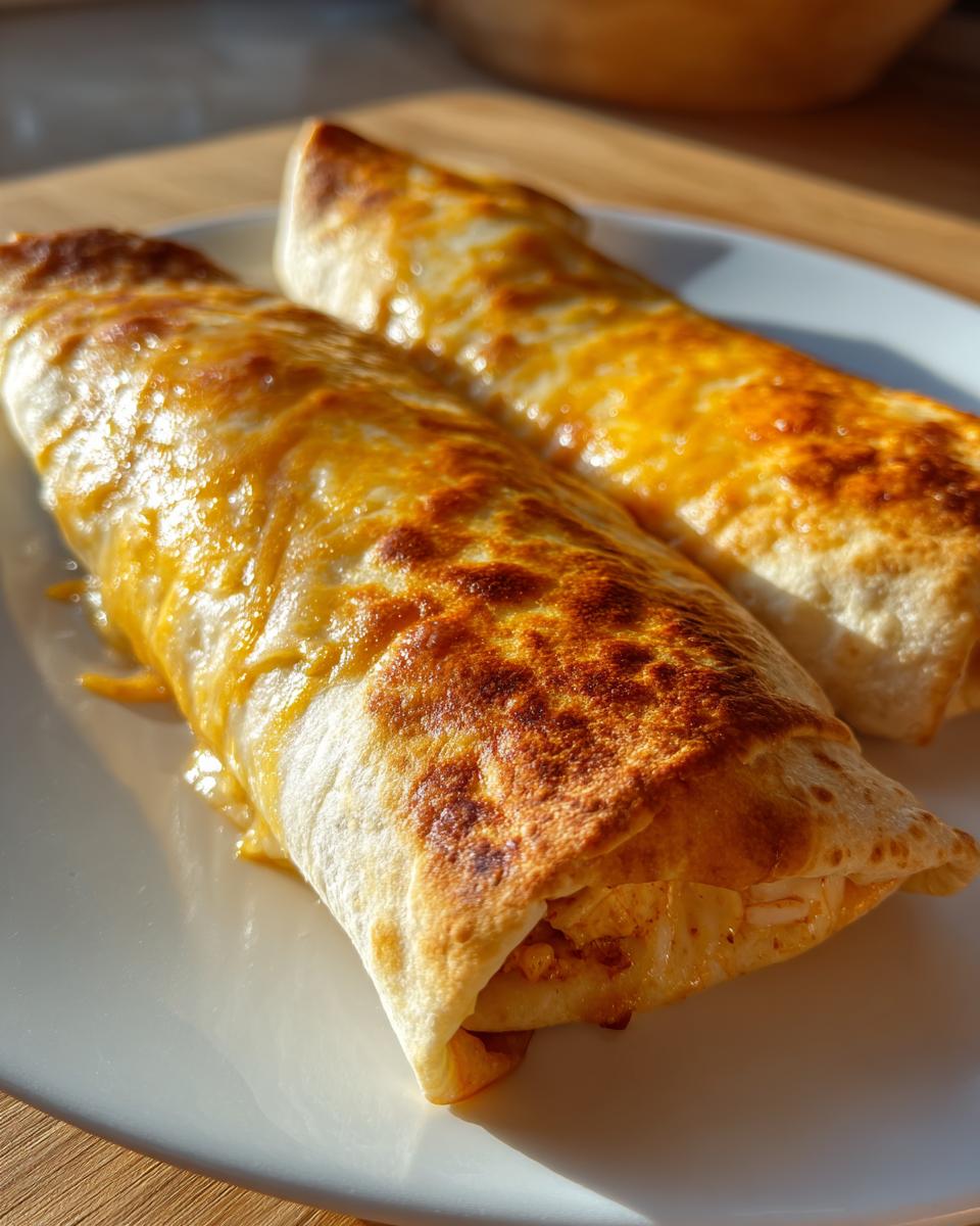 Two golden brown Baked Chicken Chimichangas topped with melted, slightly browned cheese served on a white plate.