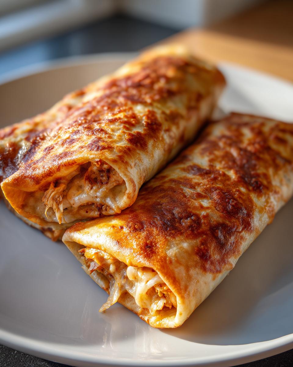 Two golden brown Baked Chicken Chimichangas filled with shredded chicken and cheese, resting on a white plate.