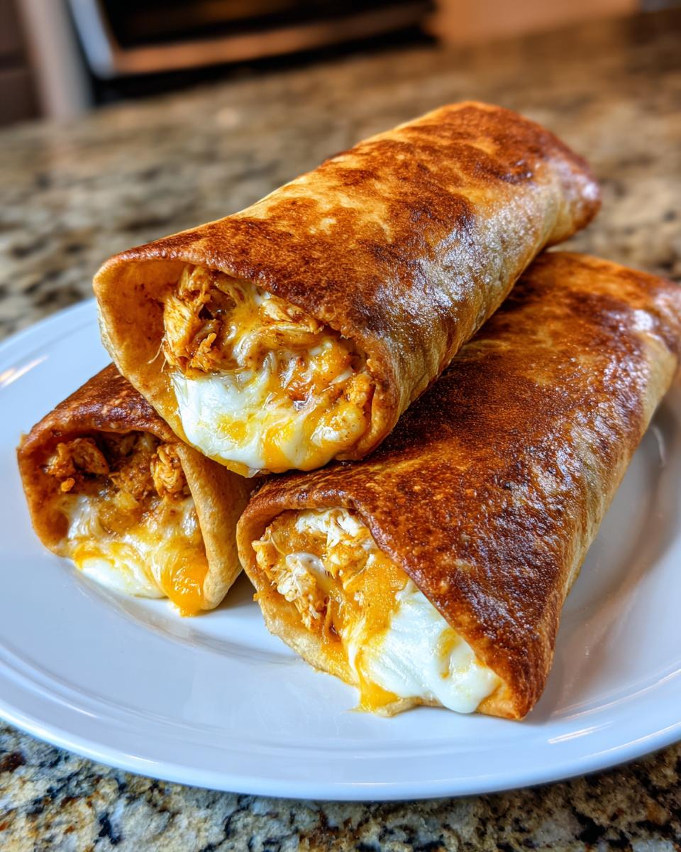 Three golden-brown baked Chimichangas stacked on a white plate, showing melted cheese and shredded chicken filling.