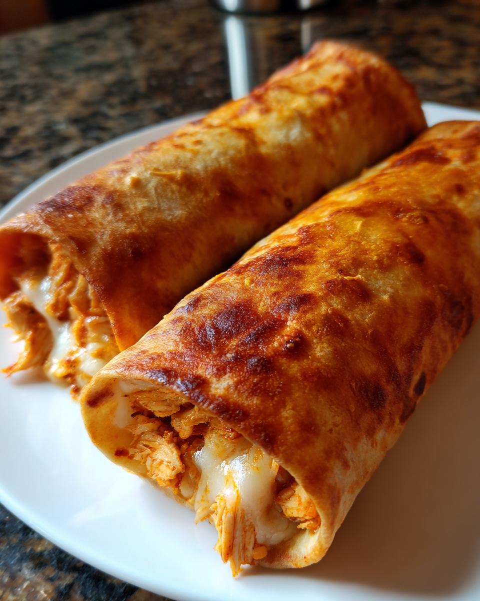 Two golden brown baked Chimichangas filled with shredded chicken and oozing melted white cheese on a white plate.