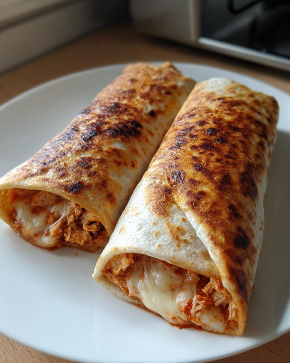 Two golden-brown baked Chimichangas filled with shredded chicken and gooey melted cheese, served on a white plate.