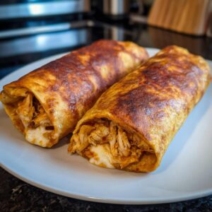 Two golden-brown baked Chimichangas filled with shredded chicken and melted white cheese, served on a light plate.