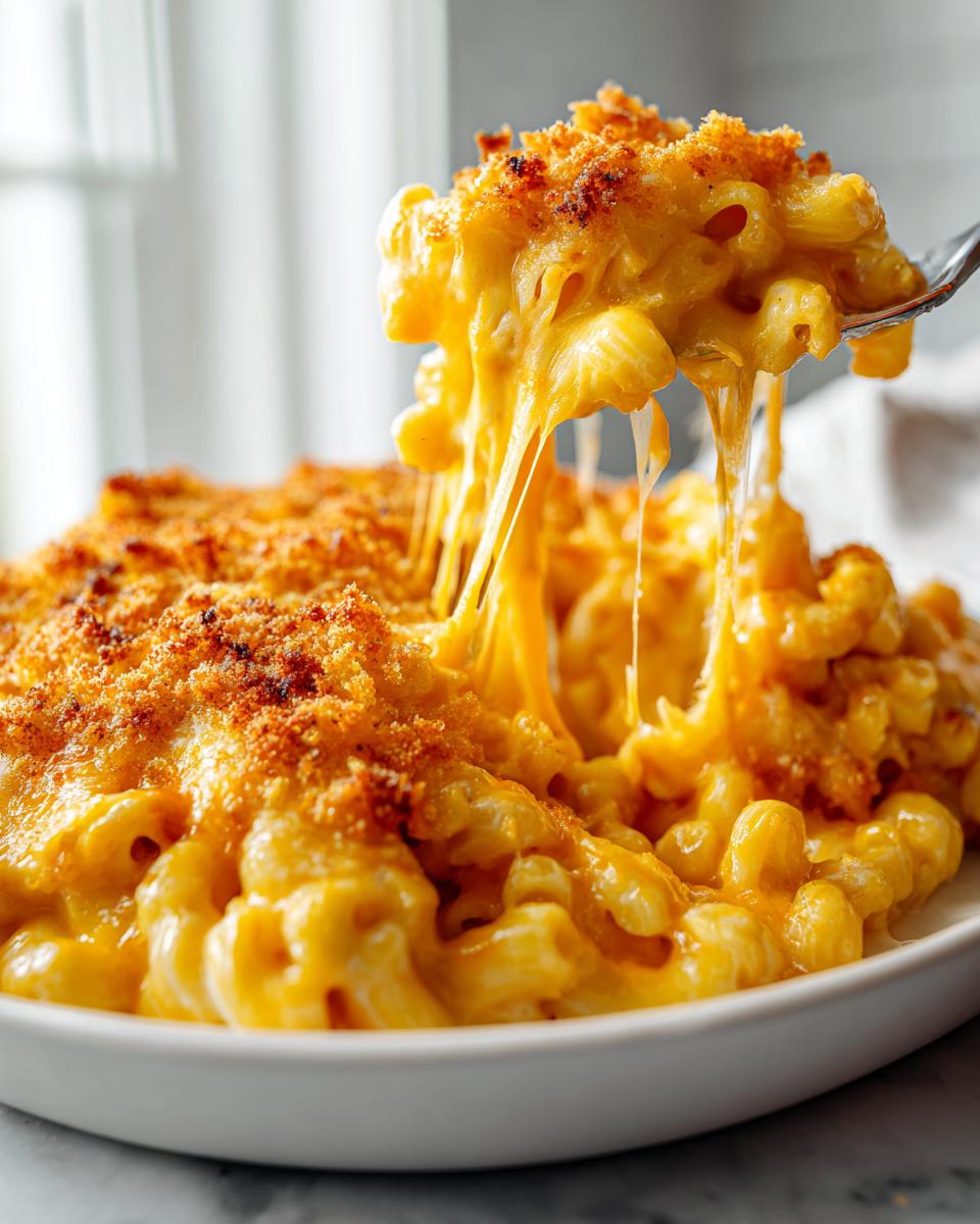 A fork lifts a serving of creamy baked mac and cheese recipe, showing long, gooey cheese pulls and a crispy topping.