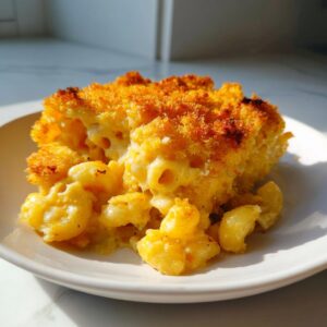 A close-up serving of creamy baked mac and cheese recipe with a golden, crunchy breadcrumb topping.