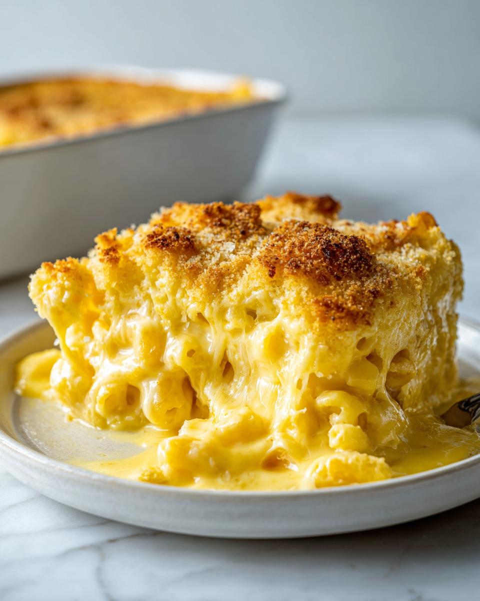 A rich, gooey slice of baked mac and cheese recipe with a golden, crunchy breadcrumb topping.