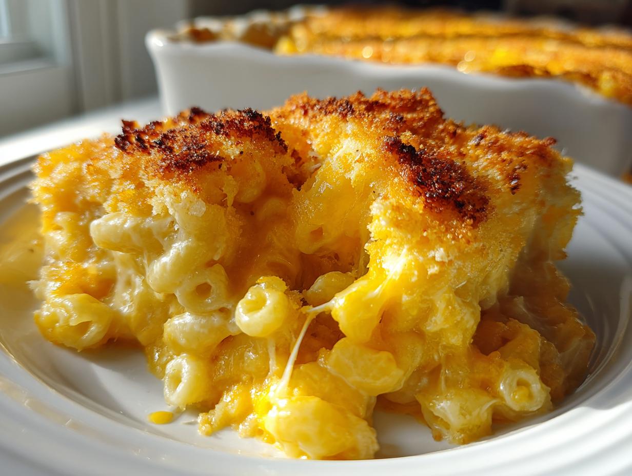 Close-up of a serving of creamy, cheesy baked mac and cheese recipe with a golden-brown, crispy breadcrumb topping.