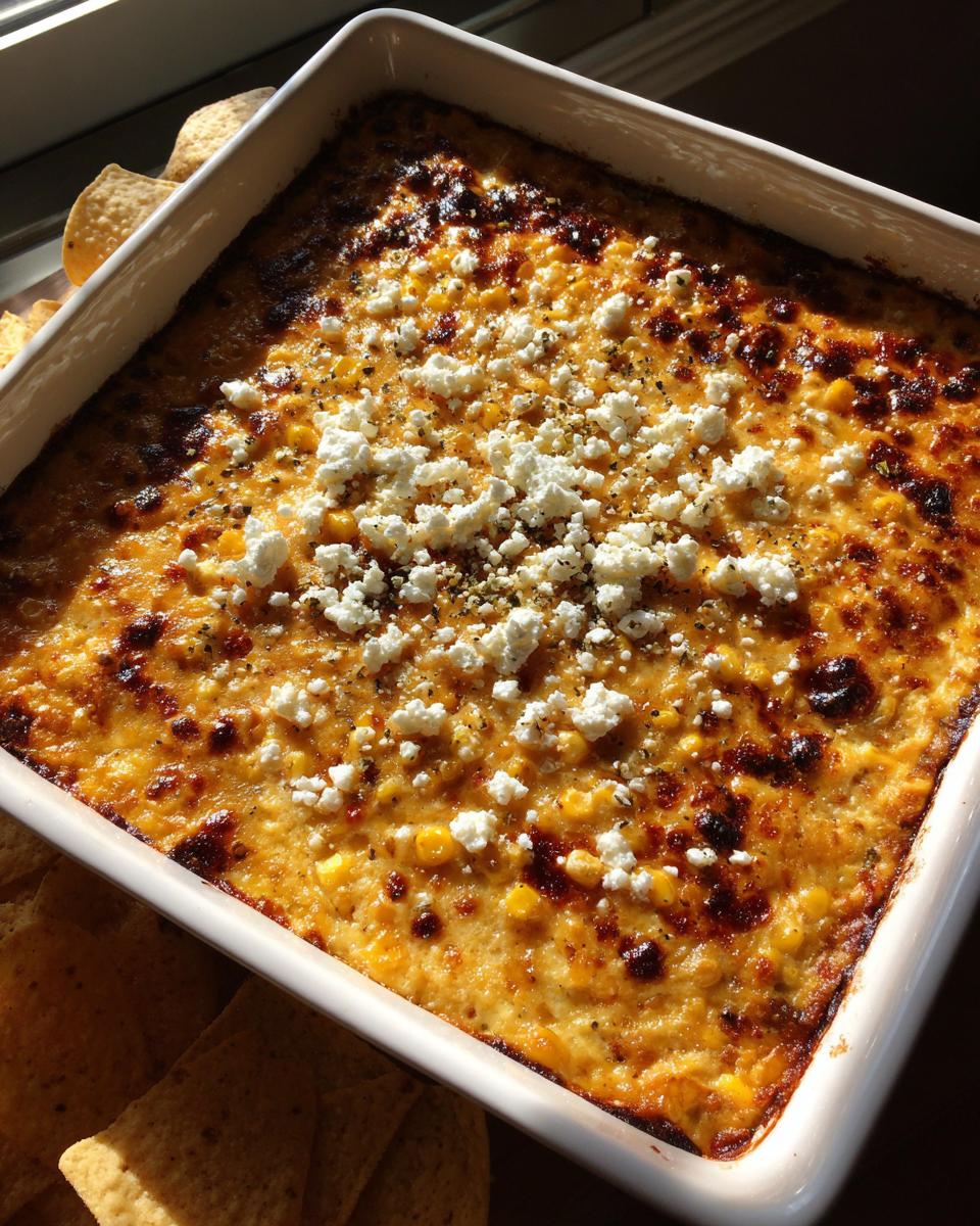 Close-up of a hot, baked street corn dip in a white dish, topped with crumbled white cheese.