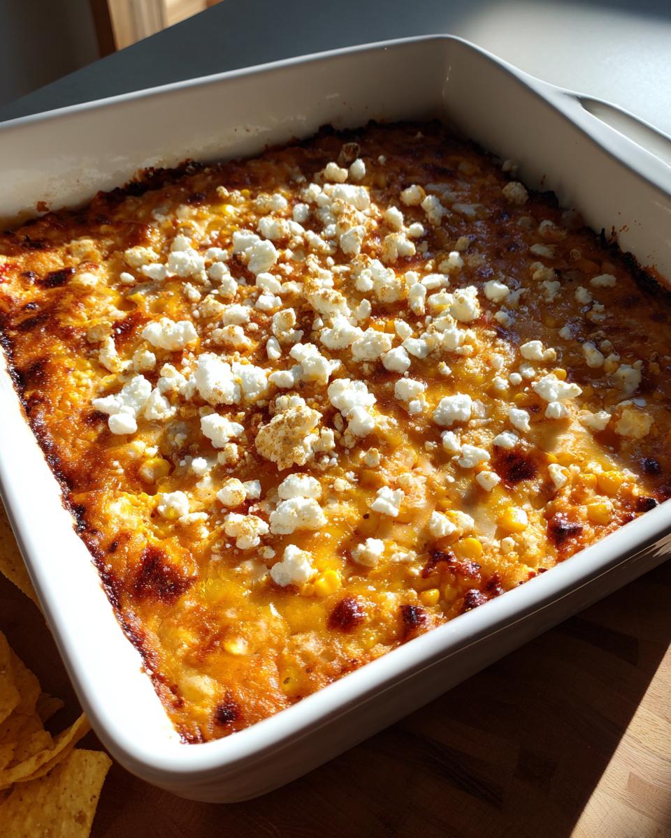 A square white baking dish filled with hot, cheesy street corn dip, topped generously with crumbled white cheese.