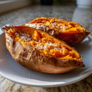 Two halves of perfectly baked sweet potatoes, split open and topped with coarse flaky salt.
