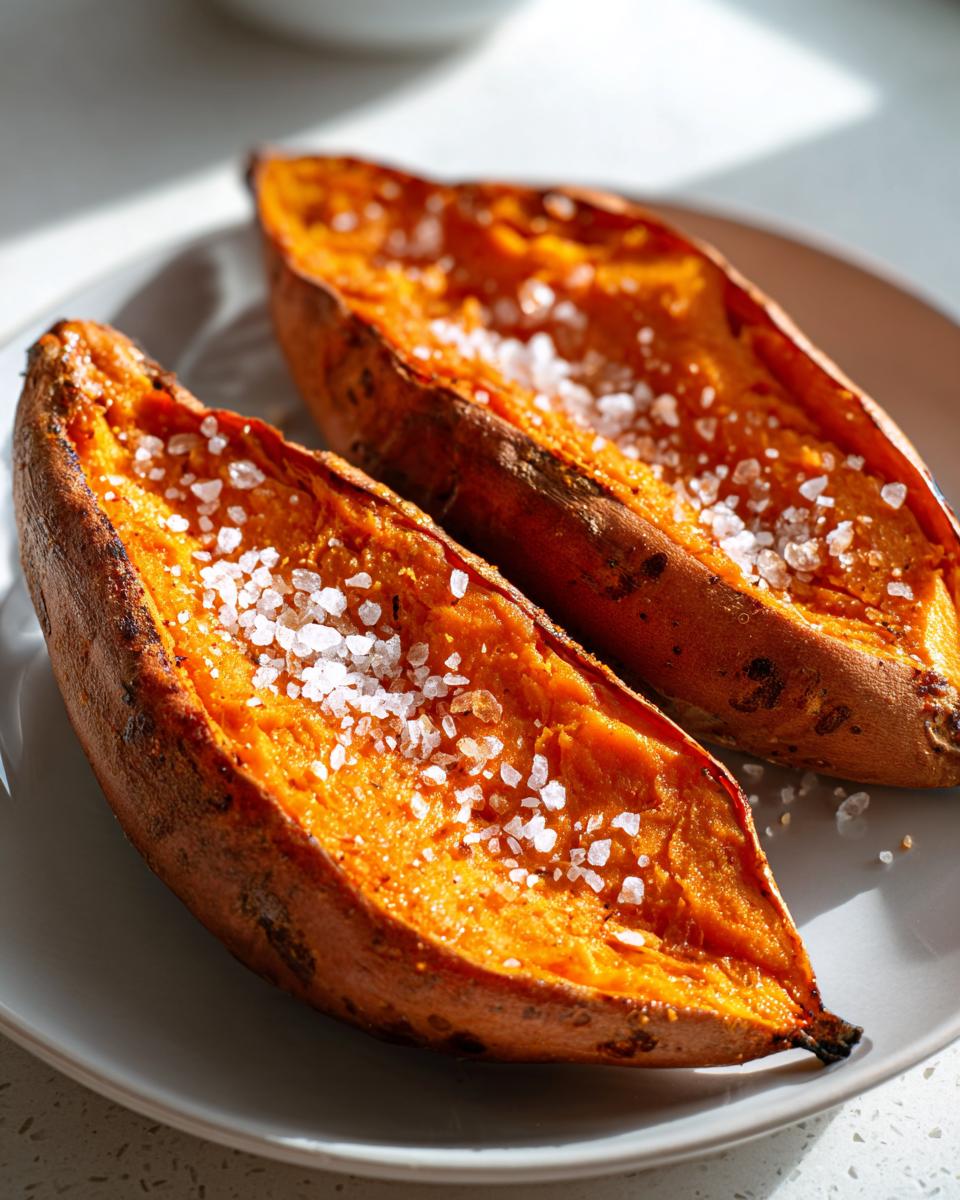 Two halves of perfectly baked sweet potatoes, split open and topped with coarse flaky salt.