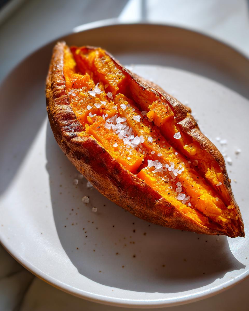 A close-up of a perfectly baked sweet potatoes, split open and topped with coarse sea salt.