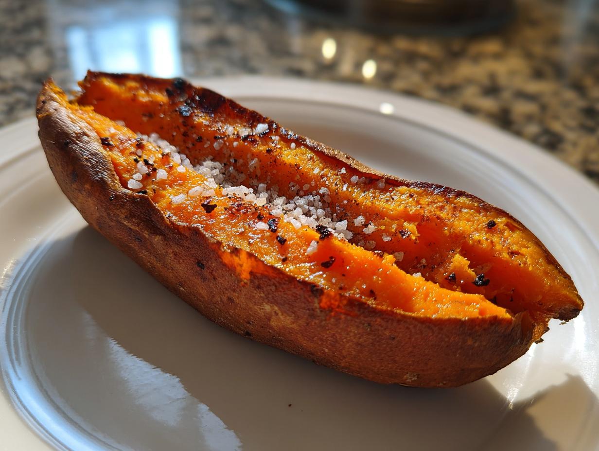 A close-up of a perfectly baked sweet potatoes, split open and topped with coarse sea salt.