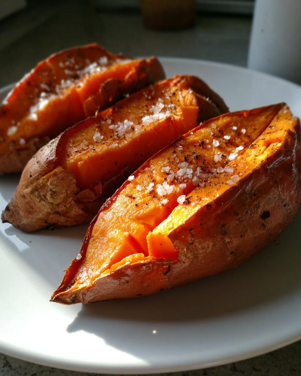 Three halves of perfectly baked sweet potatoes, split open and sprinkled with coarse sea salt.