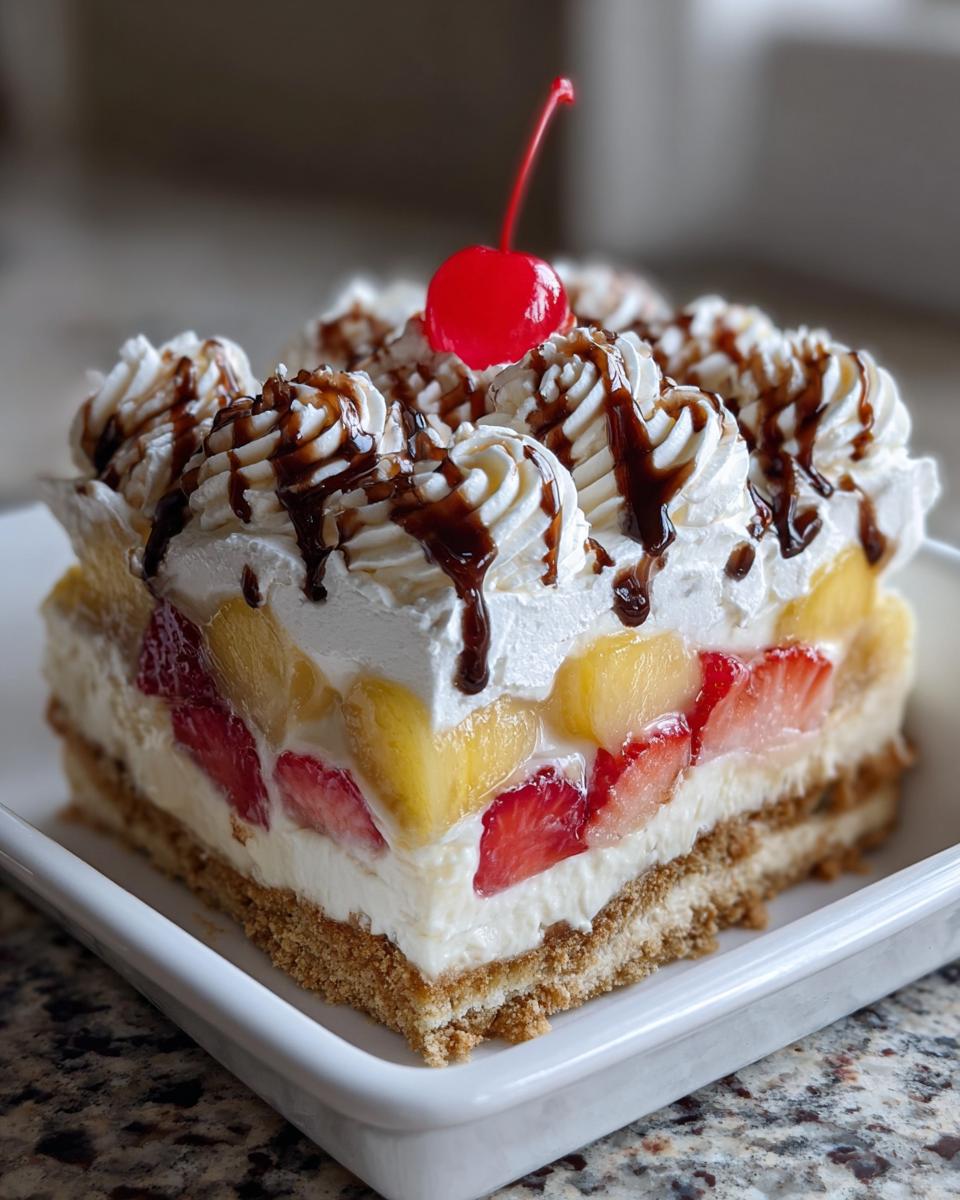 A square slice of banana split cake featuring layers of crust, cream, strawberries, pineapple, whipped cream, and a maraschino cherry.