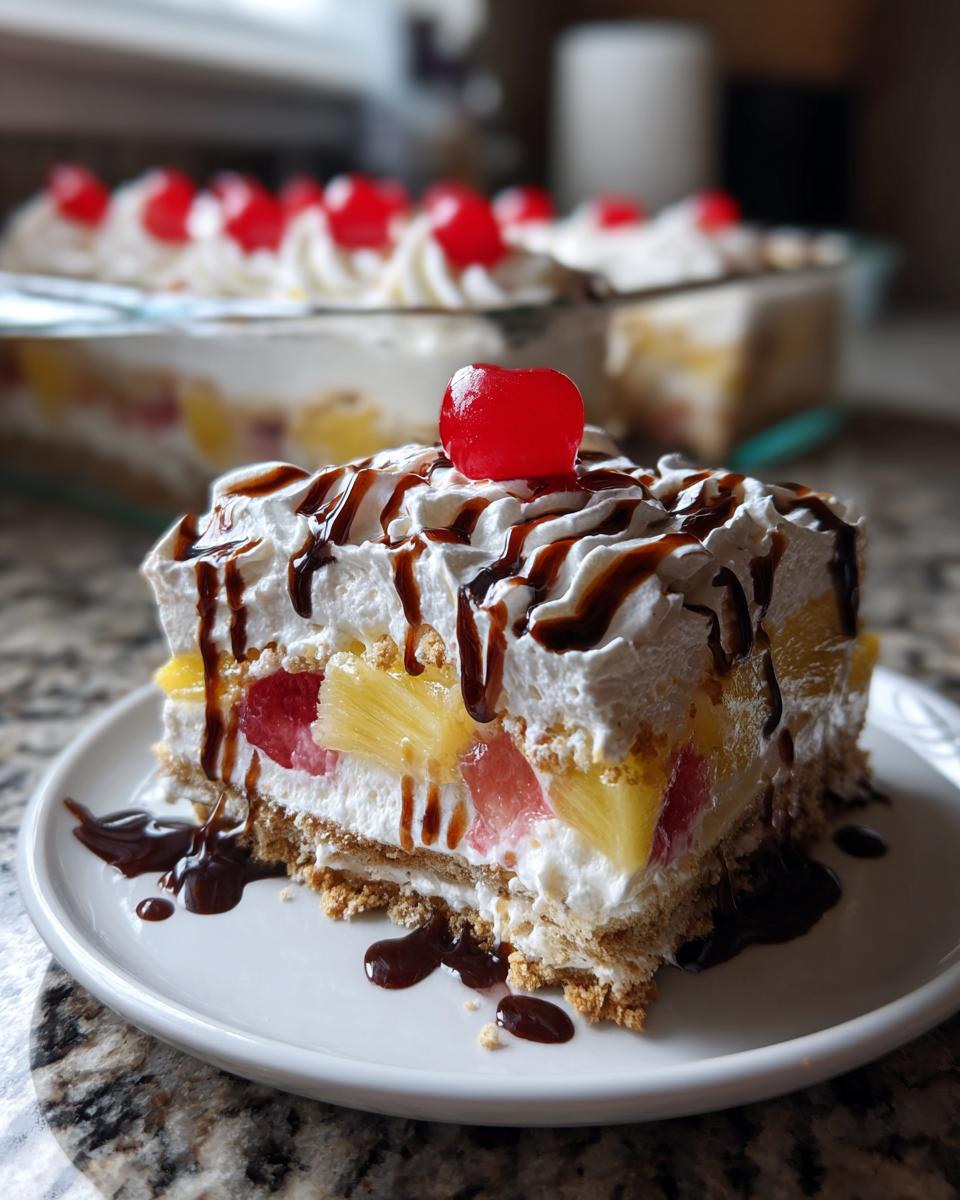 A decadent slice of banana split cake featuring layers of fruit, whipped cream, chocolate drizzle, and a maraschino cherry.