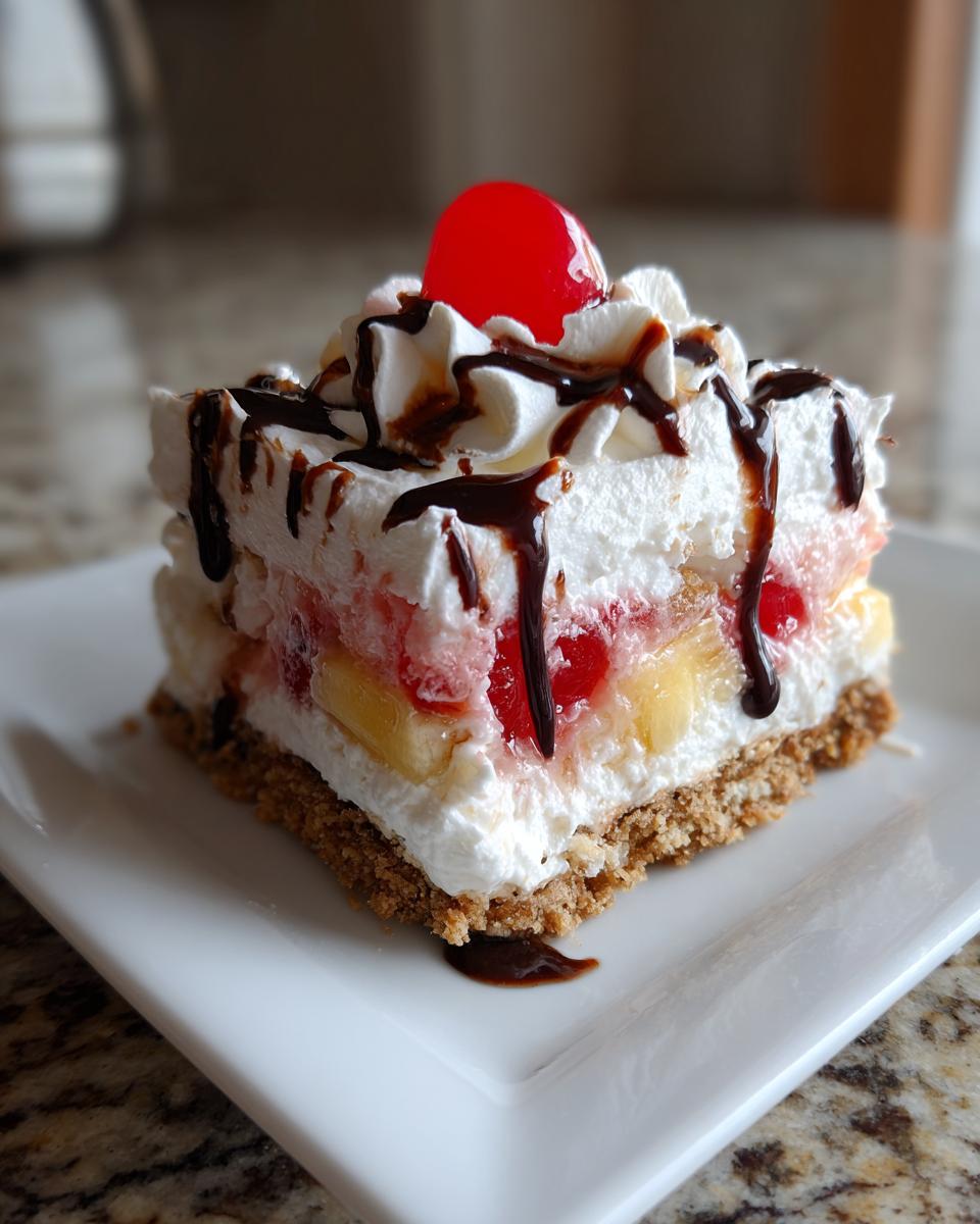 A decadent square slice of banana split cake featuring layers of whipped cream, fruit, and a graham cracker crust, topped with chocolate syrup and a maraschino cherry.