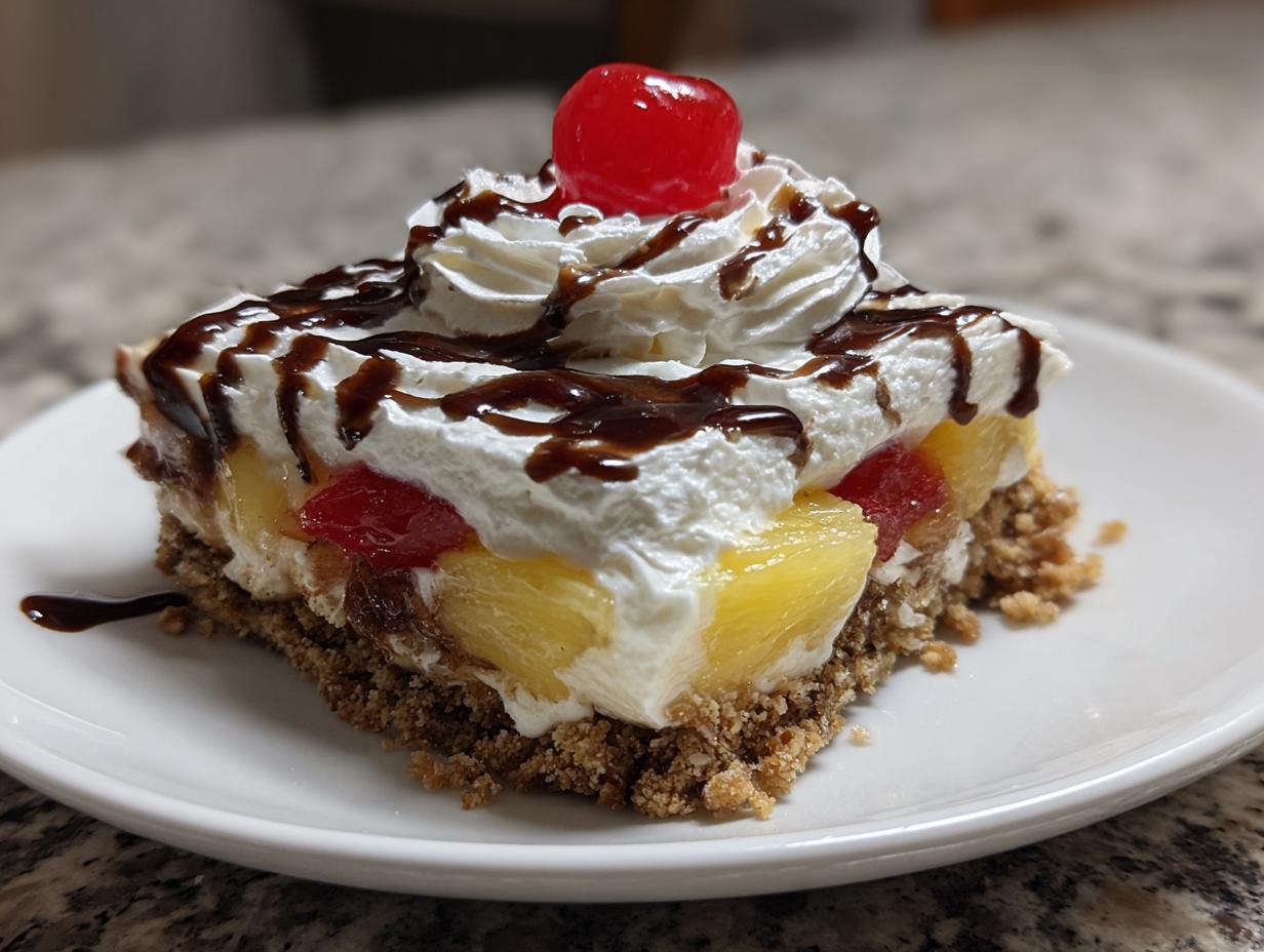 A decadent square slice of banana split cake featuring a graham cracker crust, fruit filling, whipped cream, and chocolate syrup.