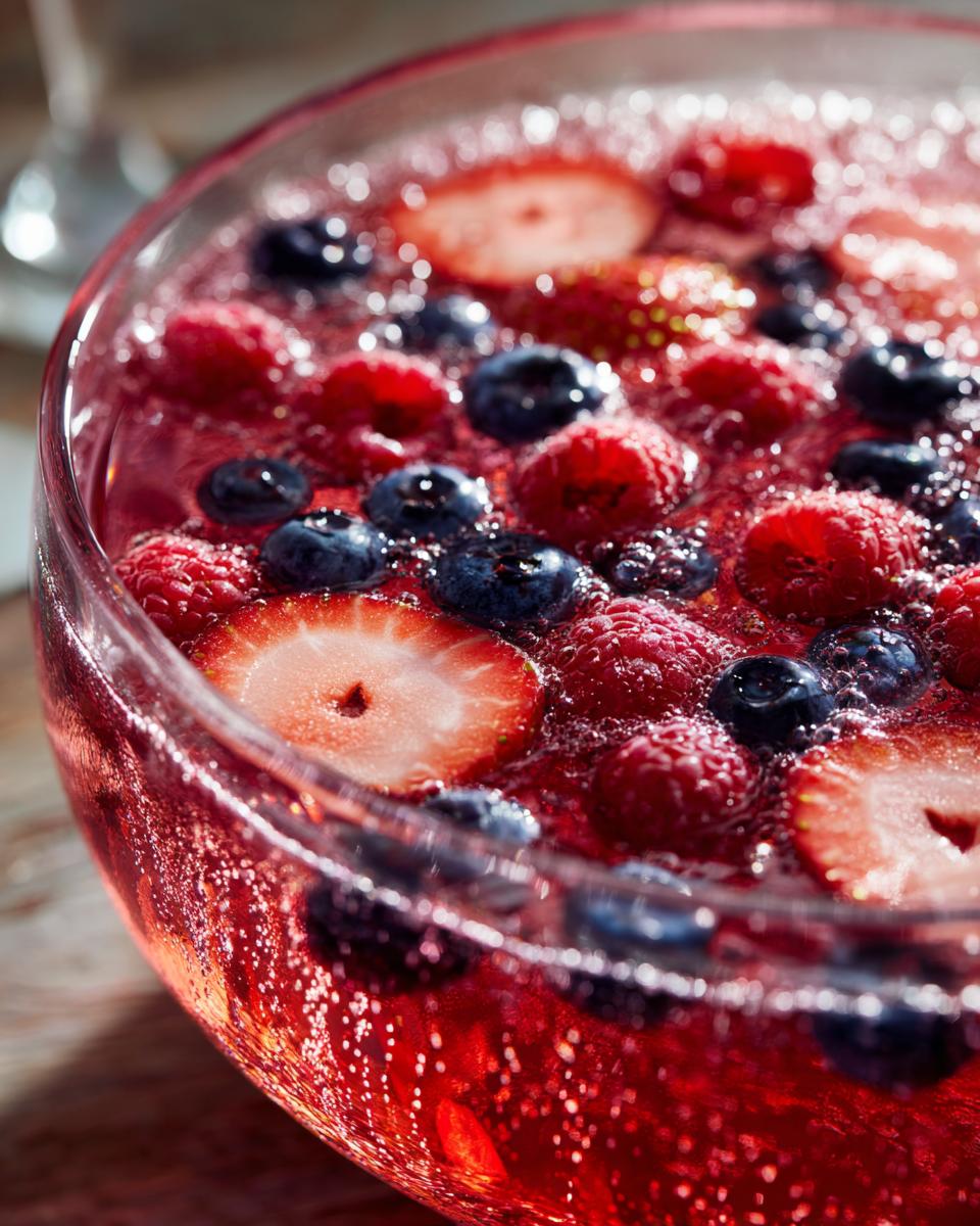 Close-up of a vibrant red champagne punch floating with fresh strawberries, blueberries, and raspberries in a clear glass bowl.