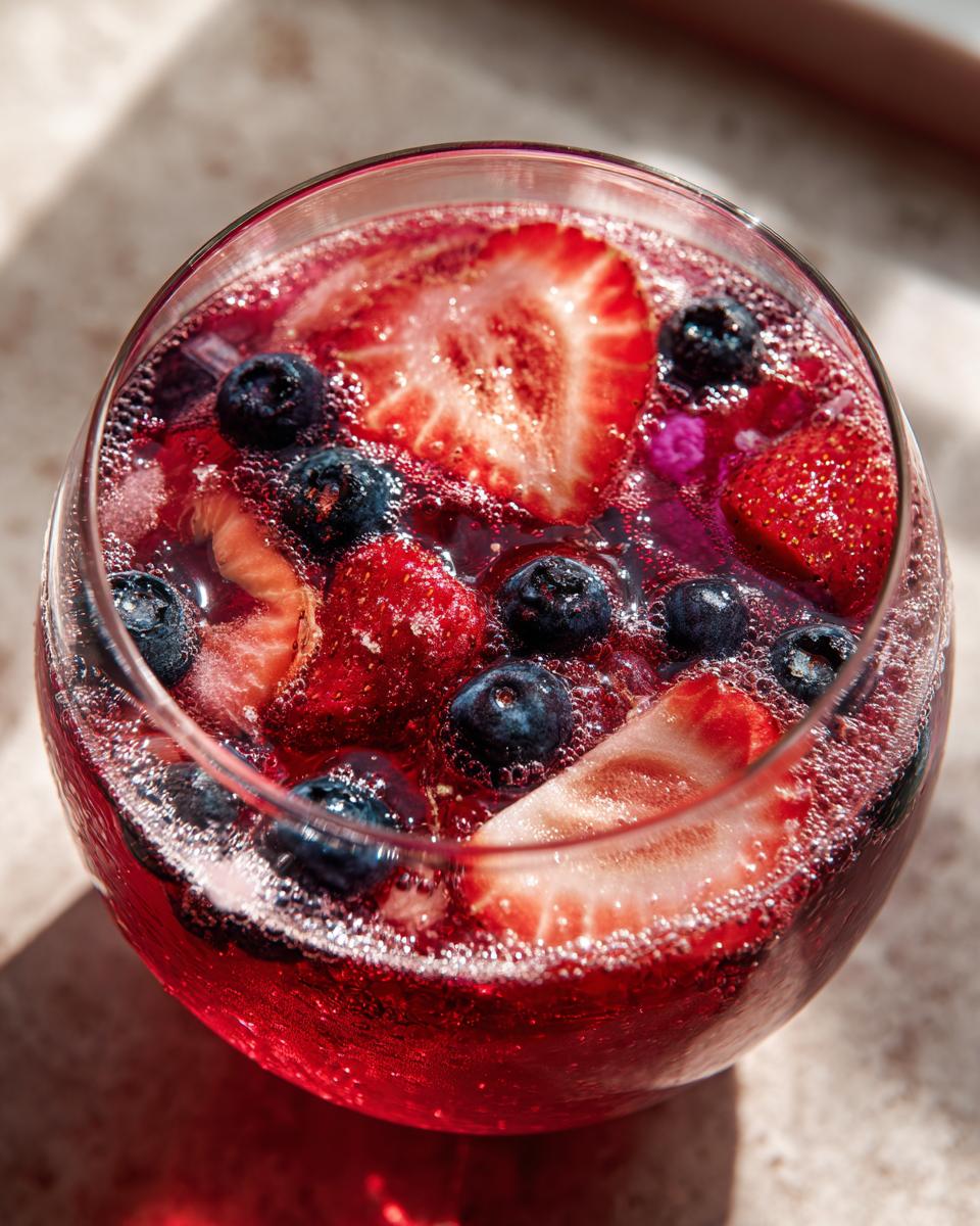 Close-up, overhead view of a glass filled with vibrant red champagne punch, topped with fresh strawberries and blueberries.