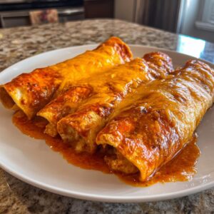 Three freshly baked cheese enchiladas covered in melted orange cheddar cheese sauce on a white plate.