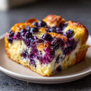 A close-up of a square slice of rich blueberry french toast casserole with visible cream cheese filling.