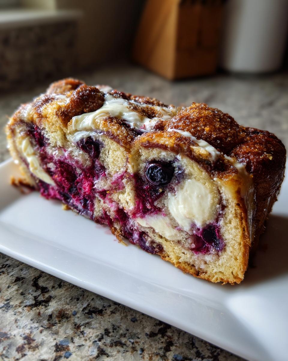 A close-up slice of rich blueberry french toast casserole with cream cheese swirls and a sugary topping.
