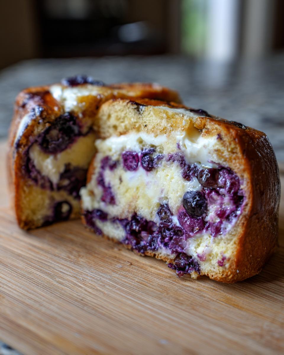 Close-up of a thick slice of blueberry french toast casserole showing layers of bread, cream cheese filling, and baked blueberries.