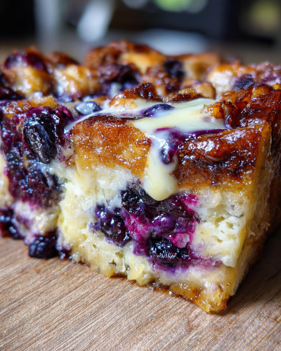 A close-up, mouthwatering slice of blueberry french toast casserole topped with a sweet glaze.