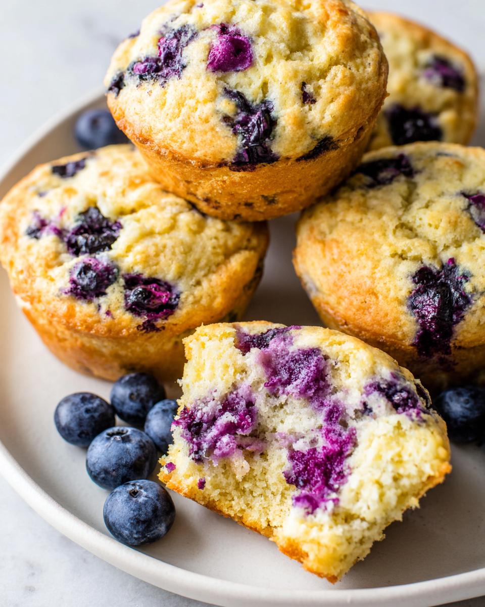 Close-up of moist blueberry protein muffins, one broken open showing the interior texture and blueberries.