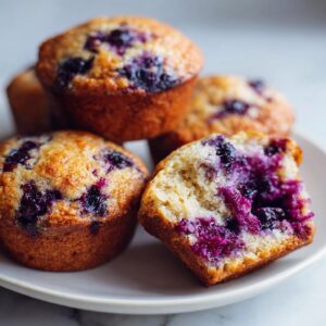 A plate of golden-brown blueberry protein muffins, with one muffin cut in half showing a moist interior packed with purple blueberries.