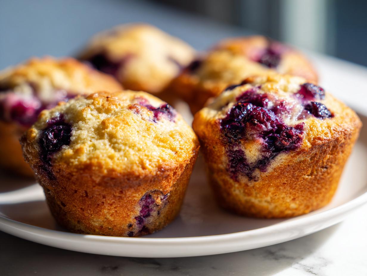 Close-up of golden brown blueberry protein muffins with juicy berries baked into the tops, served on a white plate.