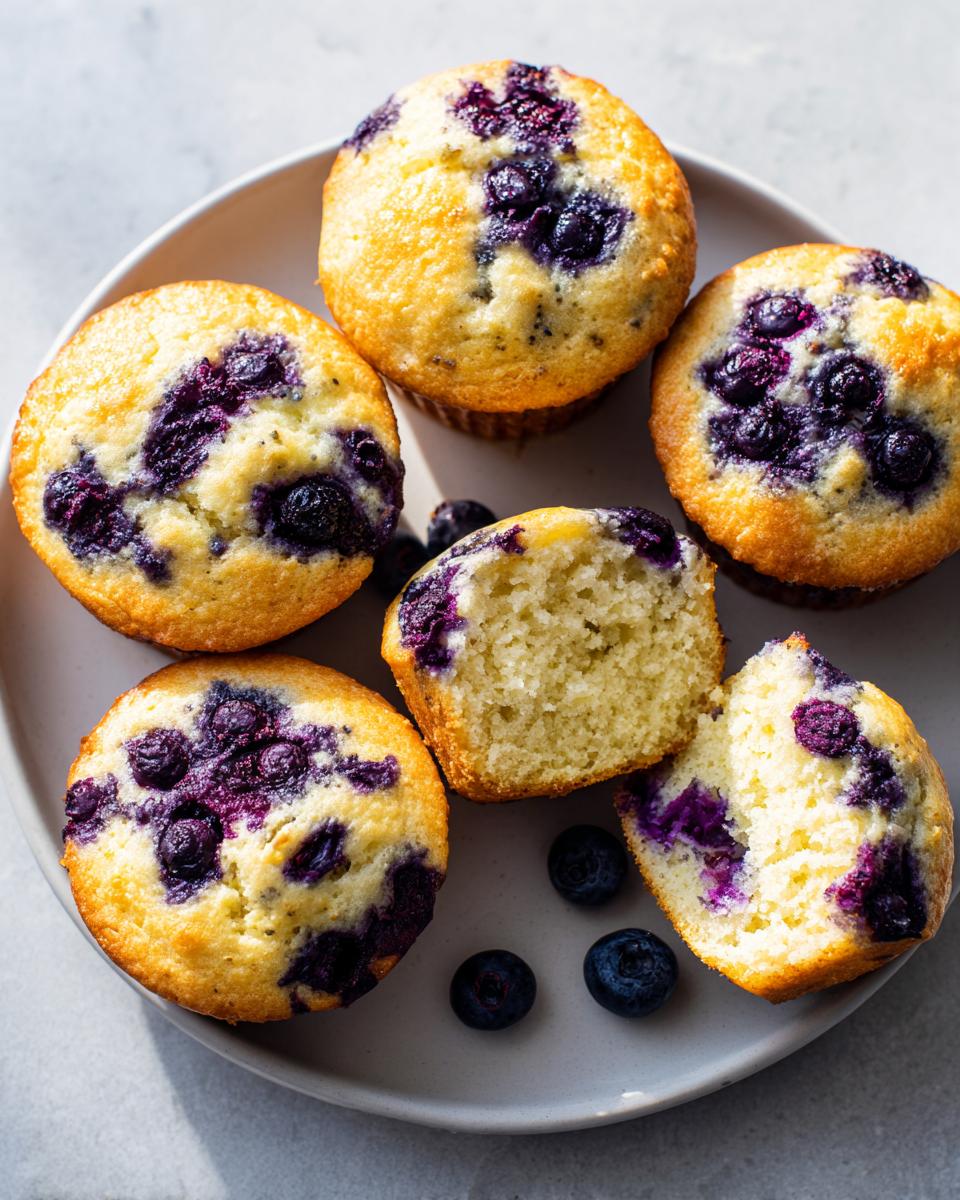 Five golden blueberry protein muffins on a plate, one broken in half showing the soft interior.