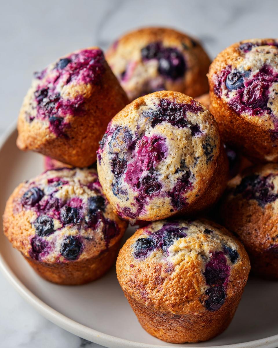 A close-up stack of freshly baked blueberry protein muffins with golden-brown tops and vibrant purple blueberry swirls.