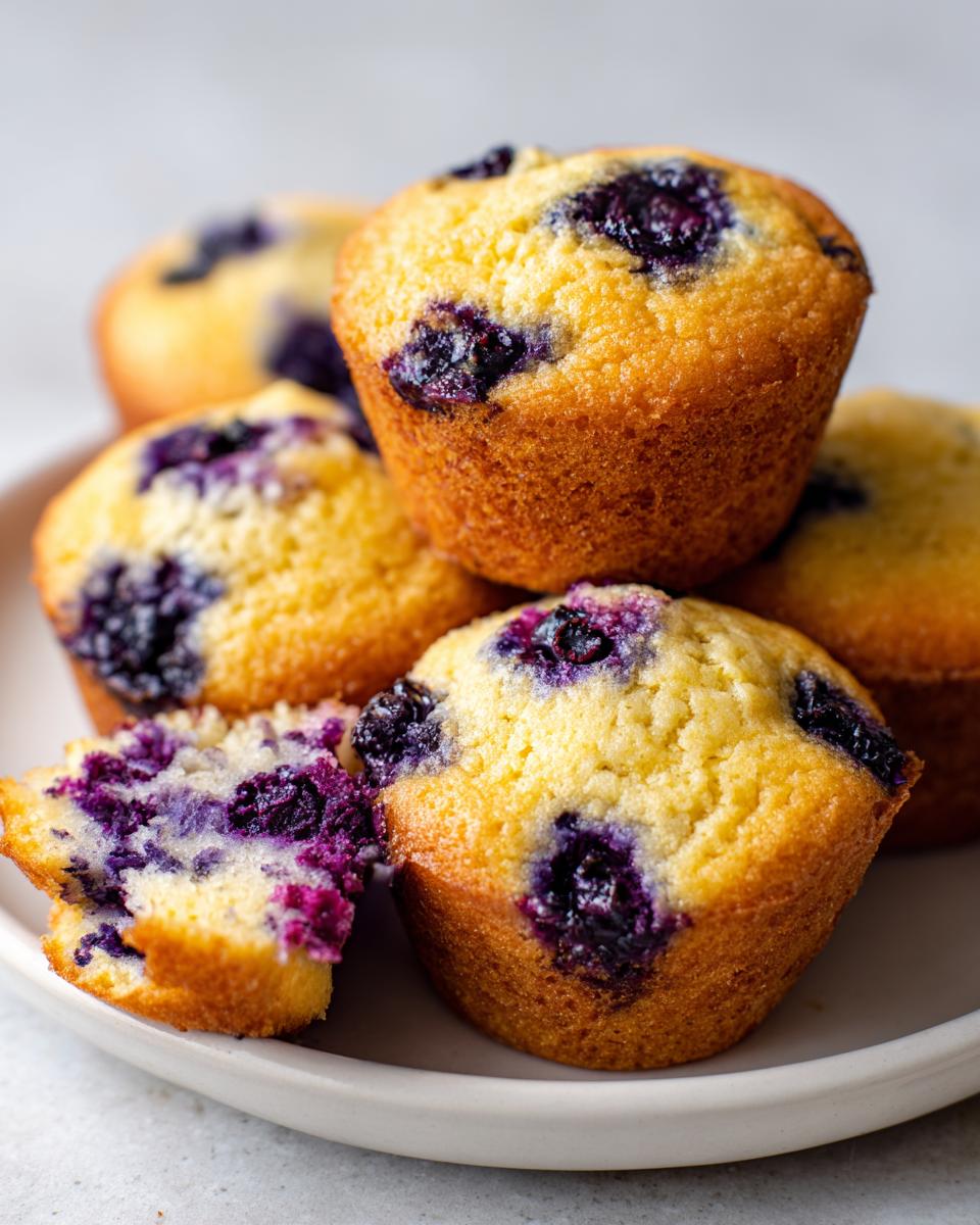 A close-up stack of golden blueberry protein muffins, with one muffin broken open showing the moist interior.