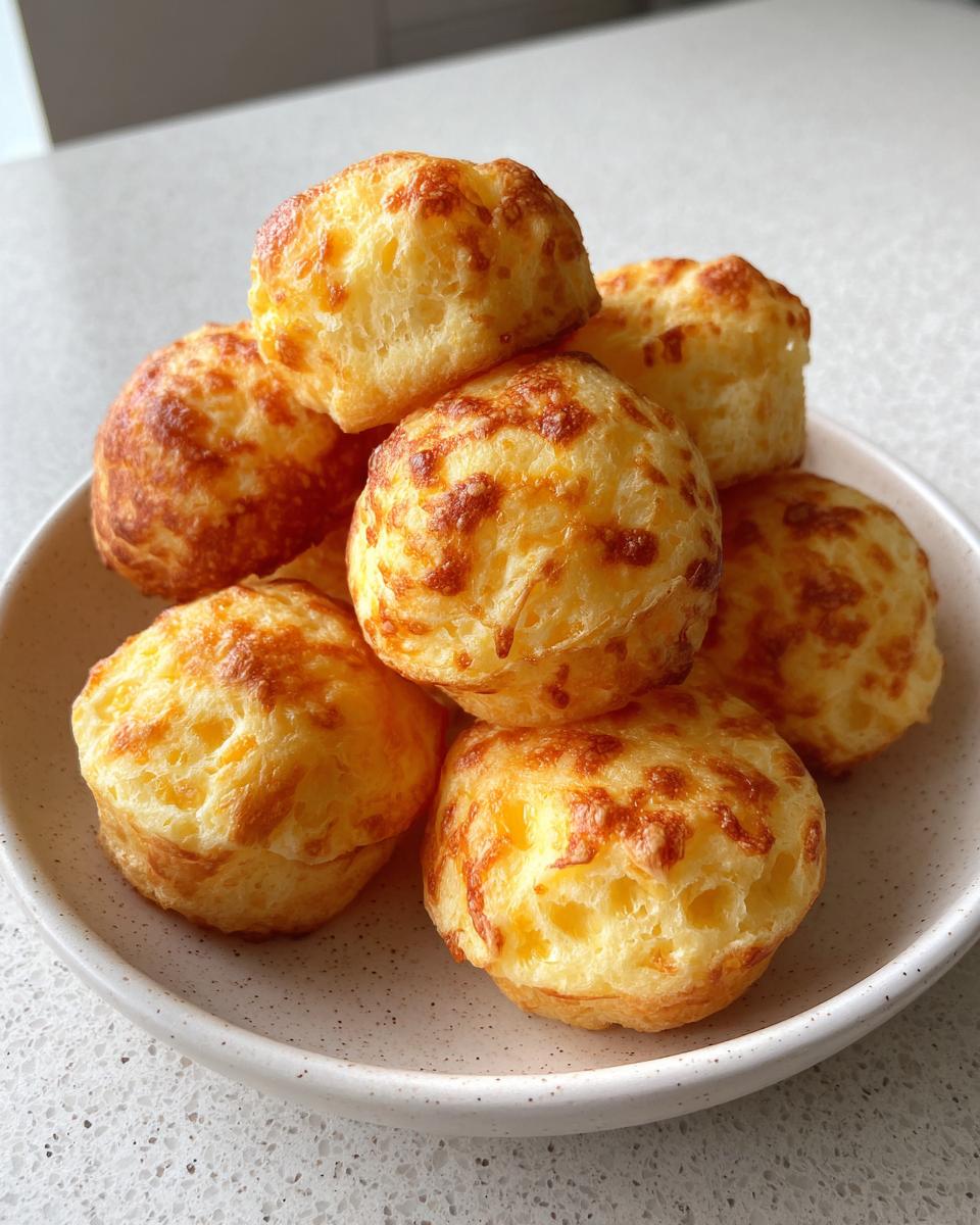 A stack of golden brown, cheesy Brazilian cheese bread puffs served on a light speckled plate.