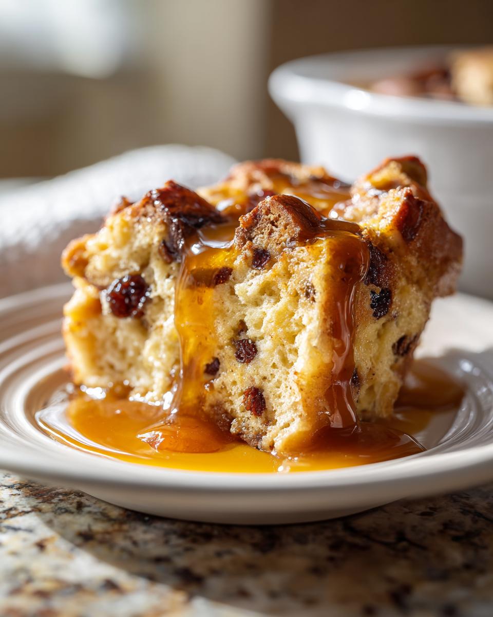 A square serving of rich bread pudding with raisins, generously drizzled with bourbon sauce.