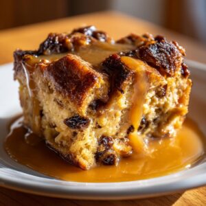 A close-up of a warm slice of bread pudding with bourbon sauce drizzling over the top and pooling on the white plate.