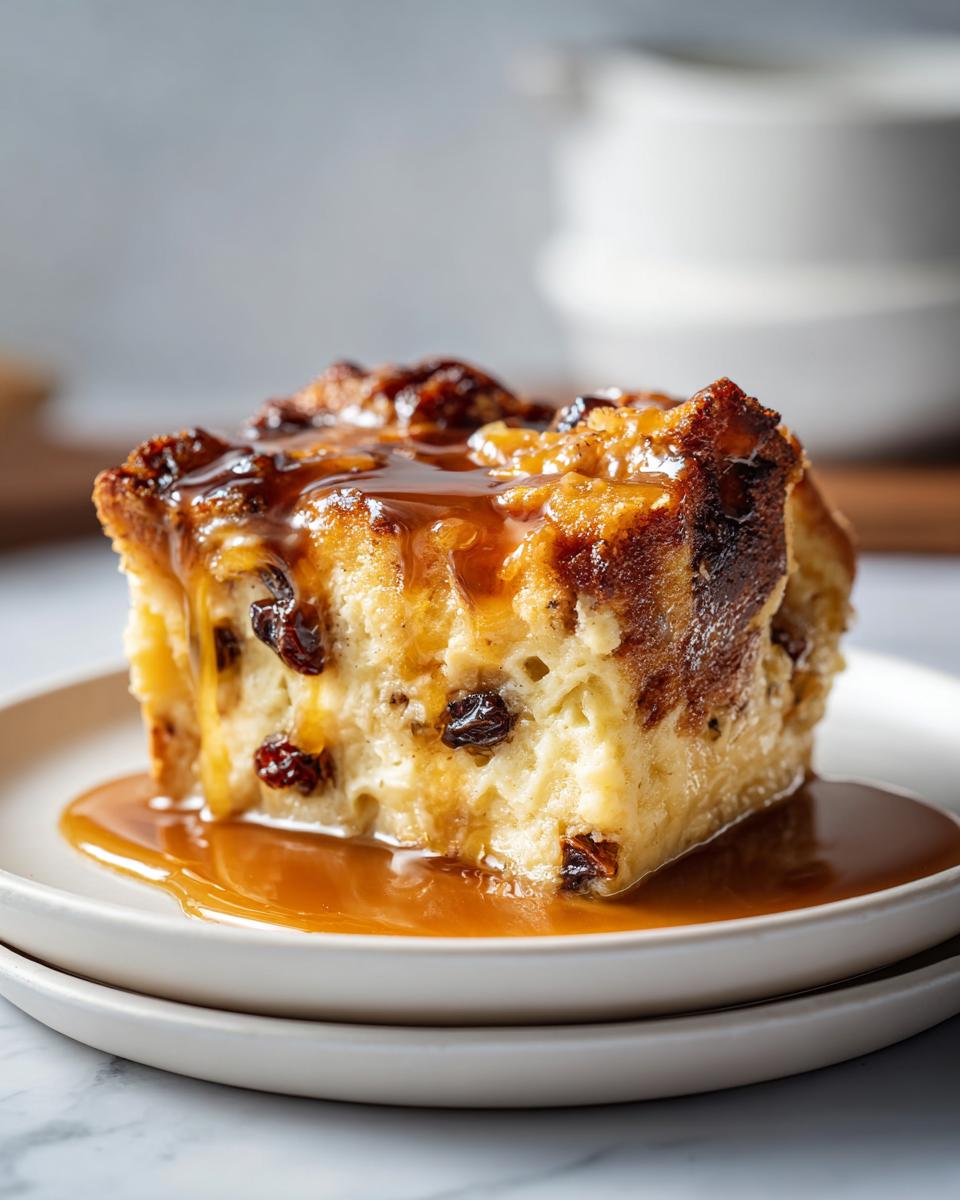 A rich square slice of bread pudding with raisins, topped and drizzled with bourbon sauce.