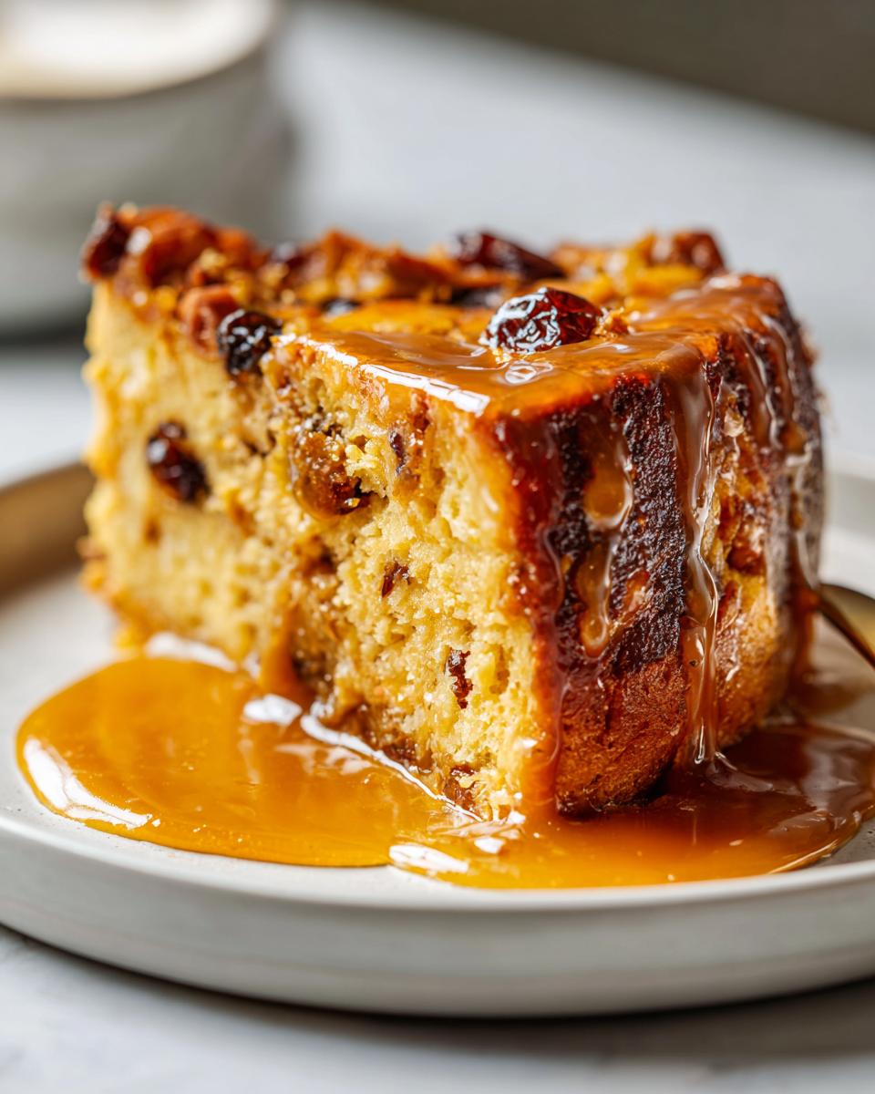 A rich slice of bread pudding with bourbon sauce generously drizzled over the top and pooling on the plate.