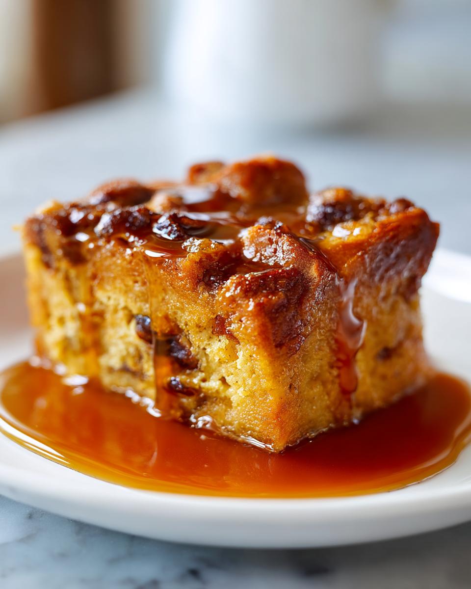 A close-up of a square serving of bread pudding with bourbon sauce generously poured over it.