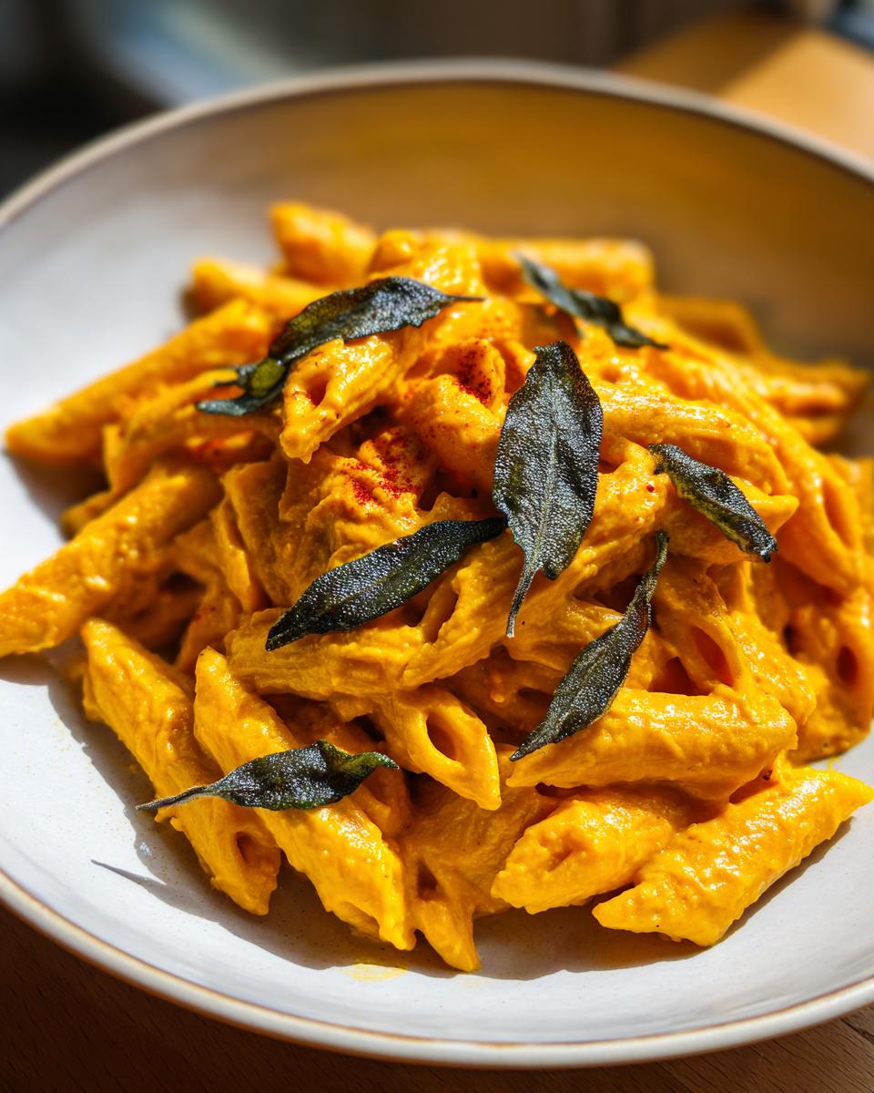 A close-up of penne pasta coated in a rich orange butternut squash pasta sauce, topped with crispy fried sage.