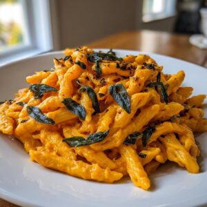 A close-up of creamy butternut squash pasta tossed with penne and topped with crispy fried sage leaves.