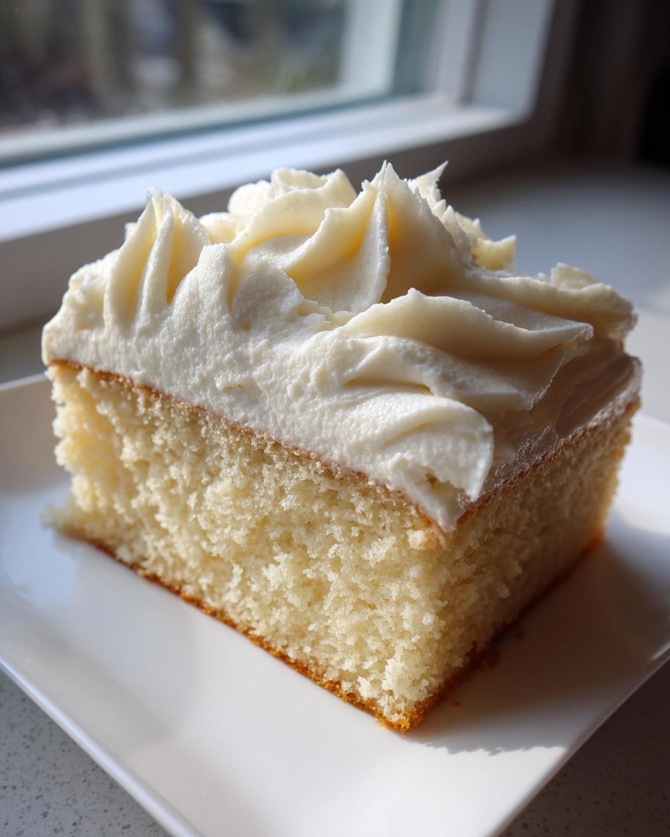 A close-up of a square slice of white cake topped generously with piped vanilla buttercream frosting.